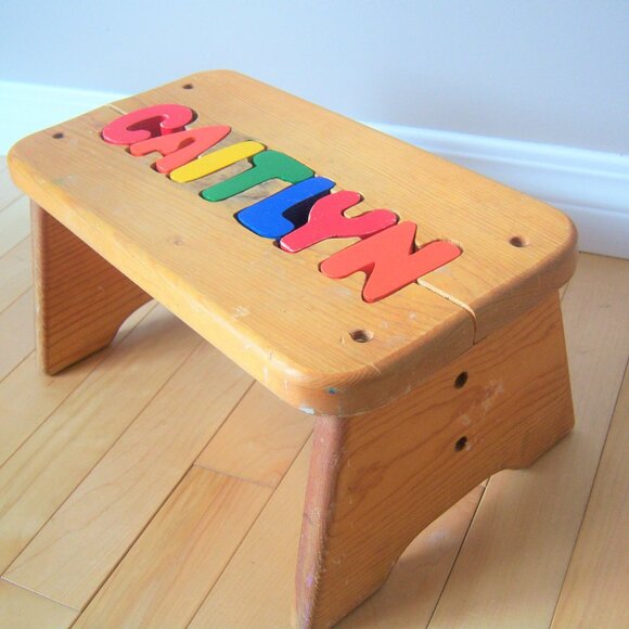 Vintage Personalized Name Kids Puzzle Stool. Kids Wooden Stool. Caitlyn Stool. - Picture 3 of 5